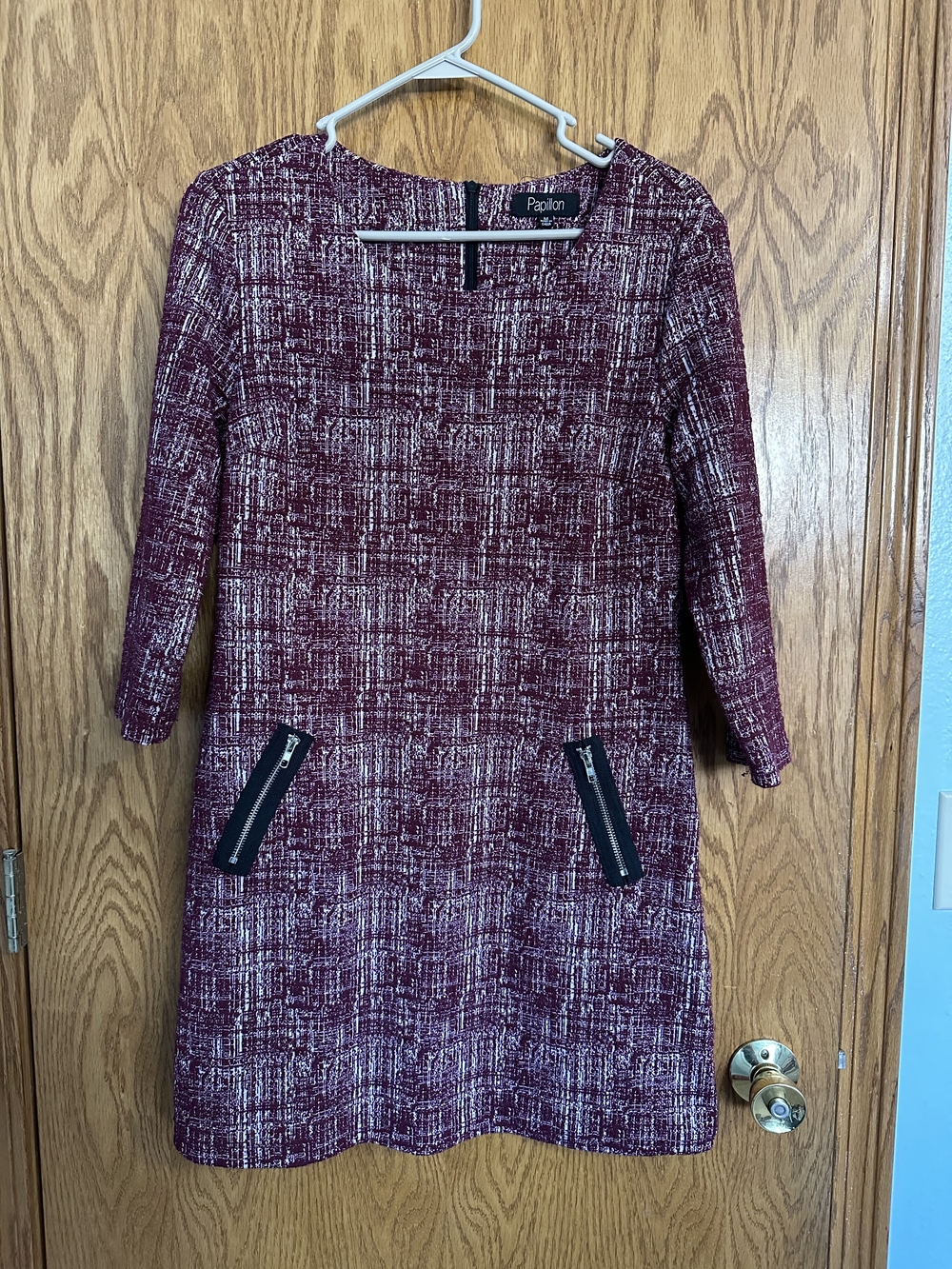 Papillon Blanc Burgundy and Cream Tweed Shift Dress